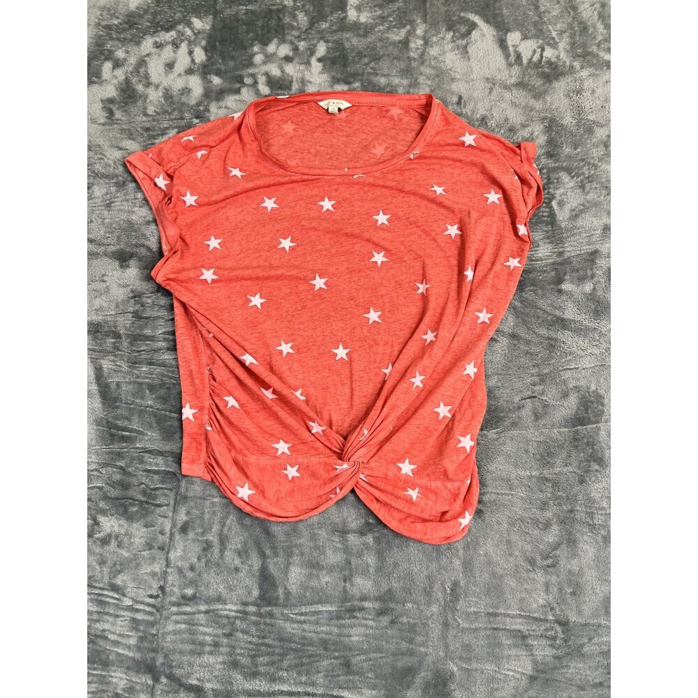 Lucky Brand Red Star Print Twist Knot Tee L Soft Lightweight Cotton Blend